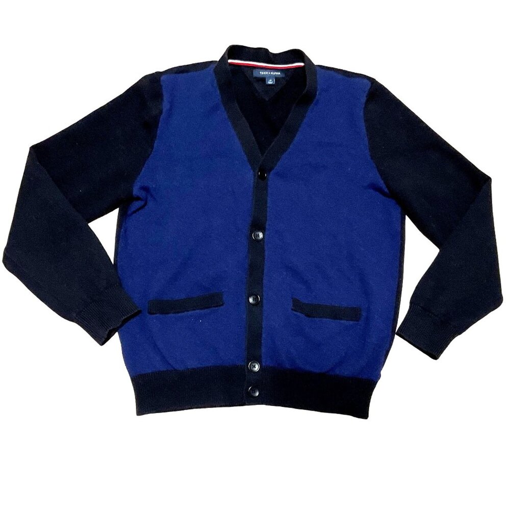 Tommy Hilfiger Y2K Cardigan Sweater Sz L Blue Black Color Blocked Grandpa Mens